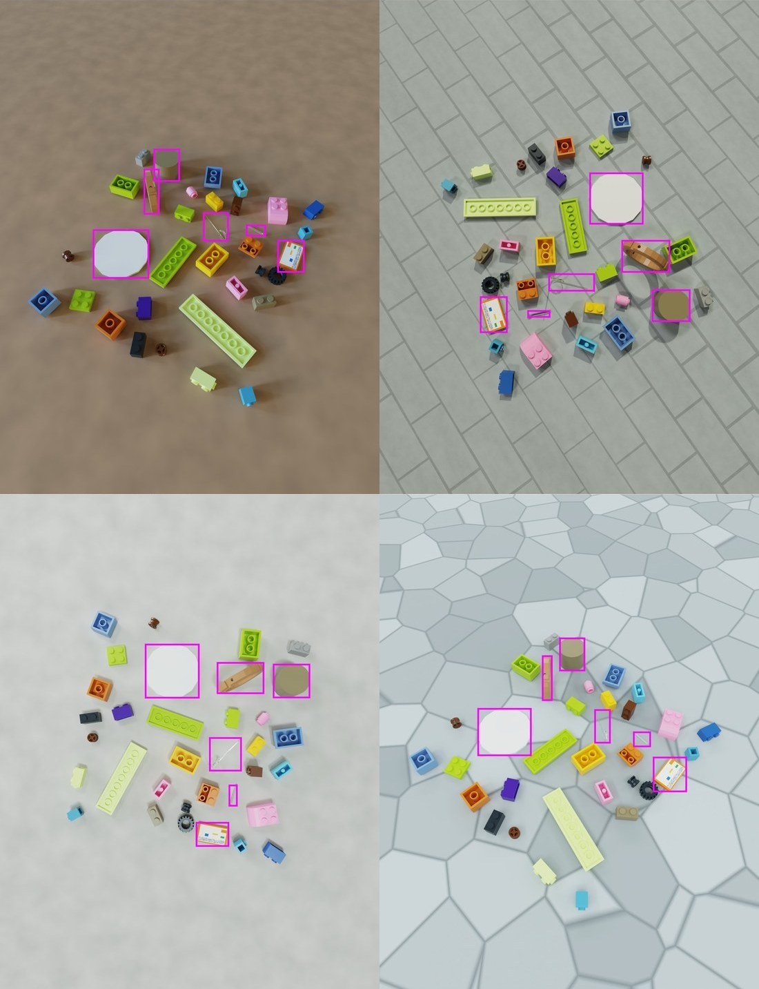 Four rendered scenes of loose toy bricks on varied surfaces